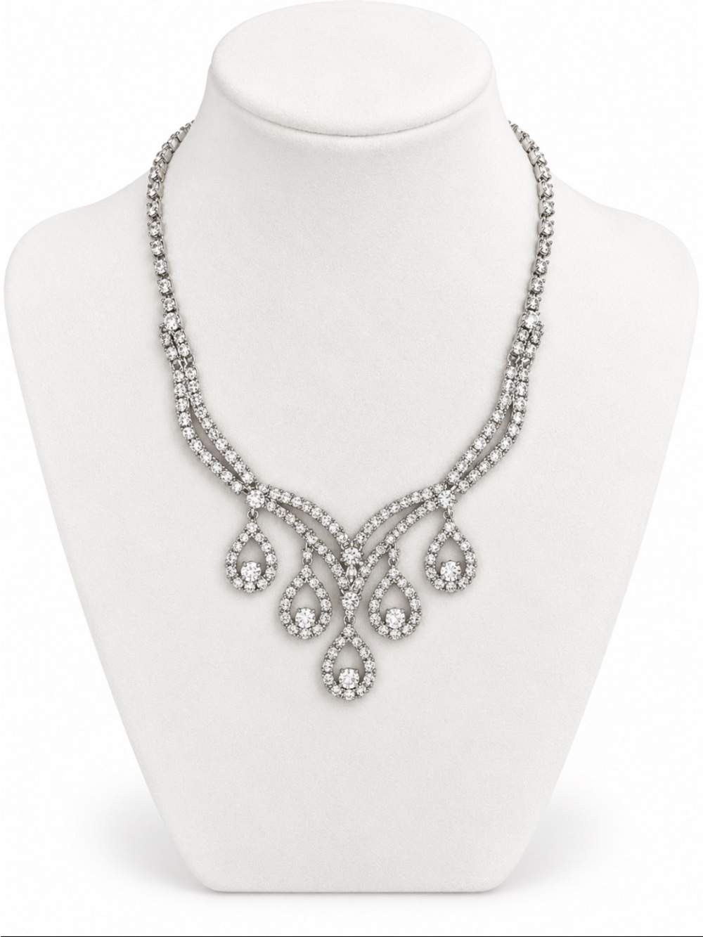 Silver-Tone Crystal Rhinestone Teardrop Statement Necklace